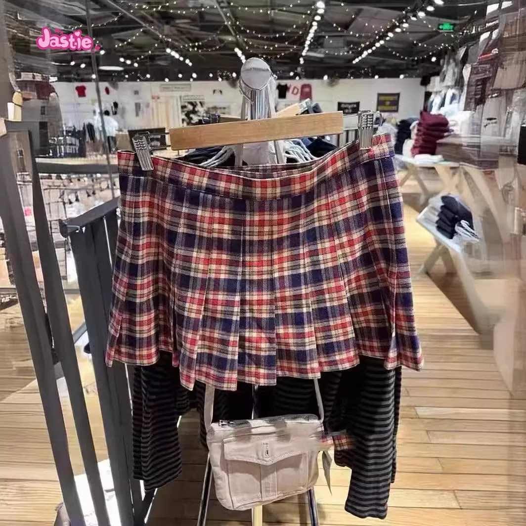 JazzHer Orange Plaid Leather Buckle Skirt For Women High Waisted Pleated Short A-line Women's Skirts Fashion Street Style Clothes Y2k