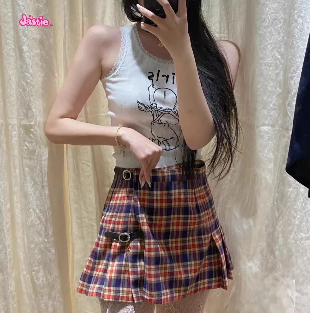 JazzHer Orange Plaid Leather Buckle Skirt For Women High Waisted Pleated Short A-line Women's Skirts Fashion Street Style Clothes Y2k
