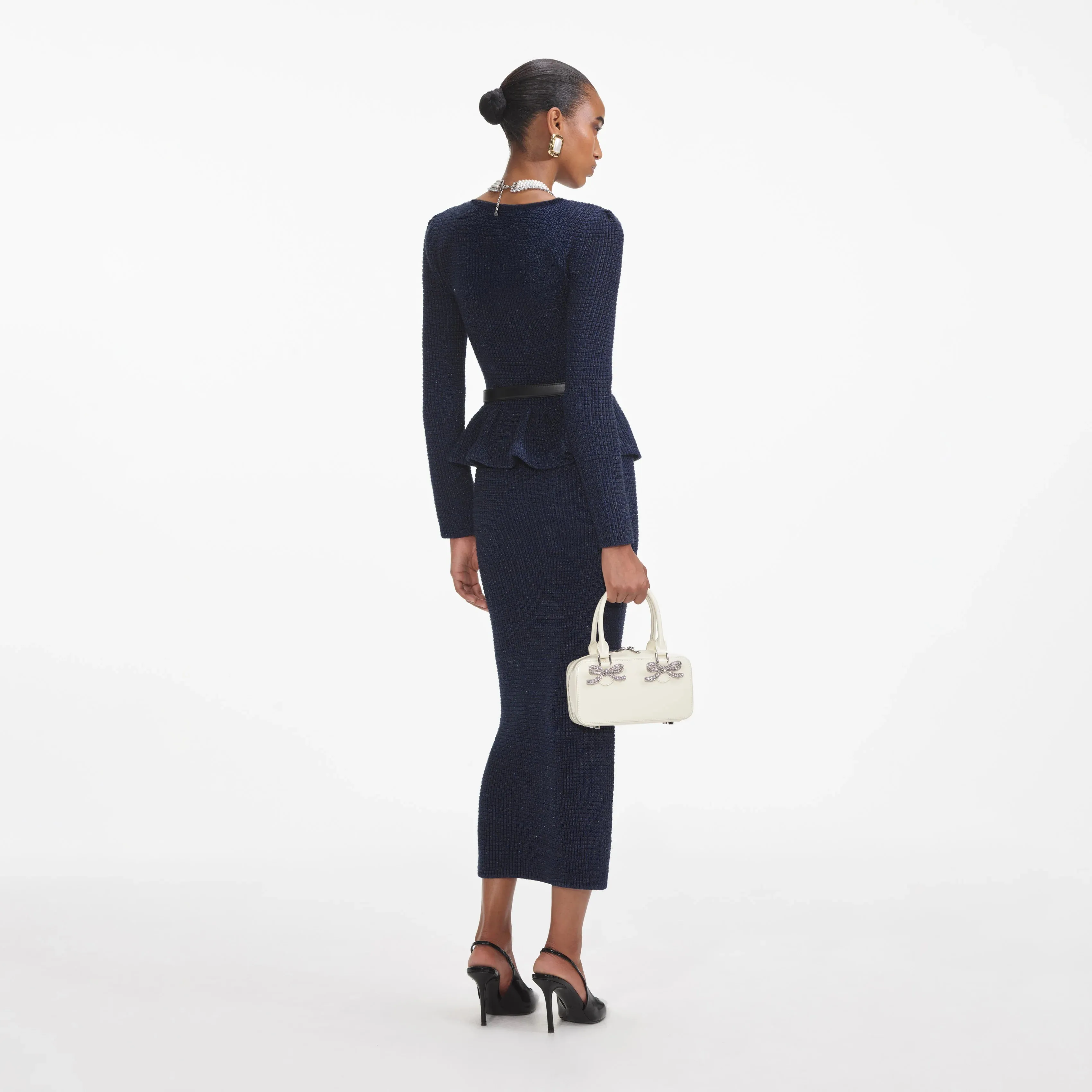 knit peplum maxi dress in dark blue