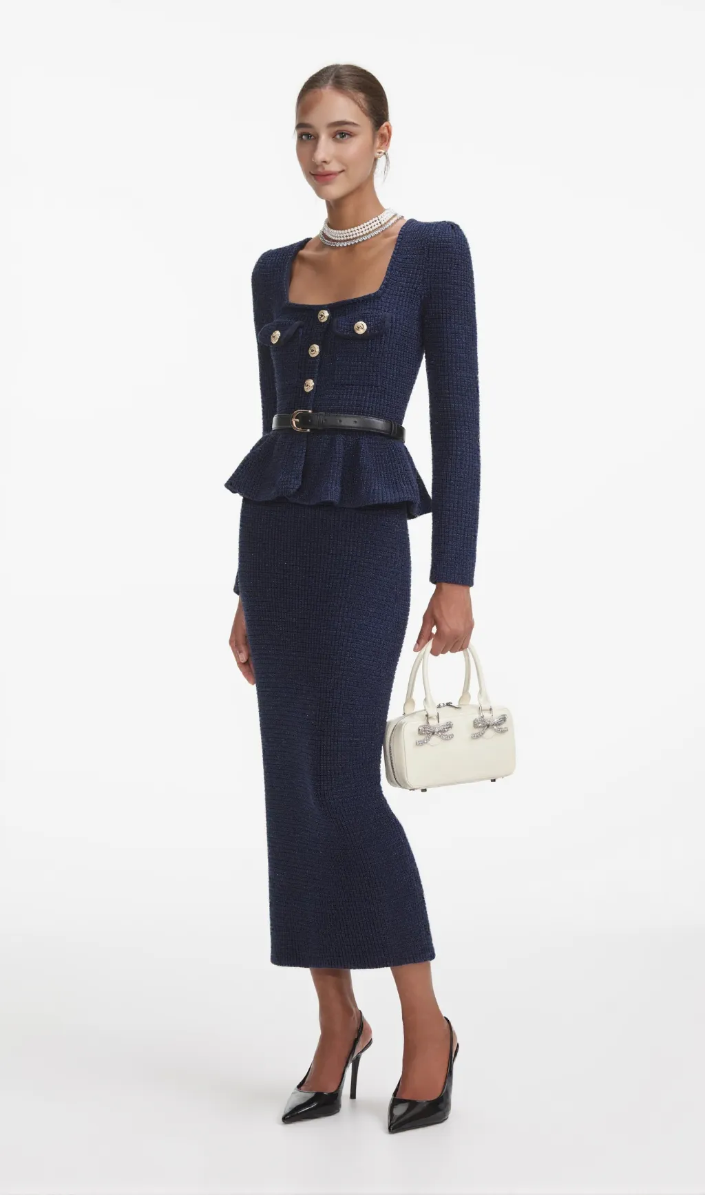 knit peplum maxi dress in dark blue