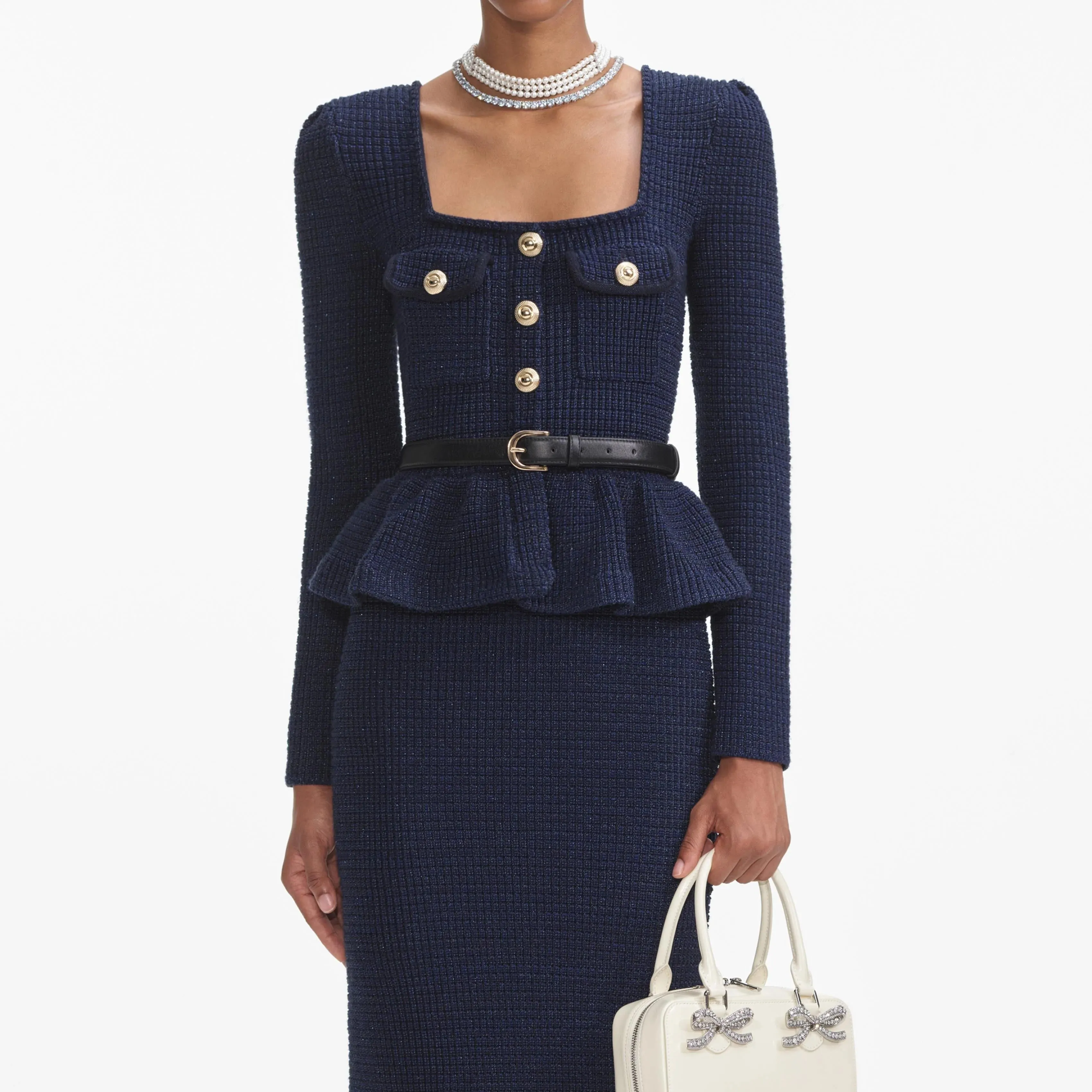knit peplum maxi dress in dark blue