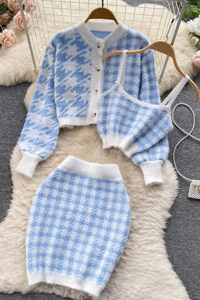 Knitted Camis Tops   Long Sleeve Cardigans   Skinny High Waist Mini Skirts Suits Three Piece Sets