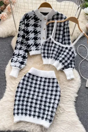Knitted Camis Tops   Long Sleeve Cardigans   Skinny High Waist Mini Skirts Suits Three Piece Sets
