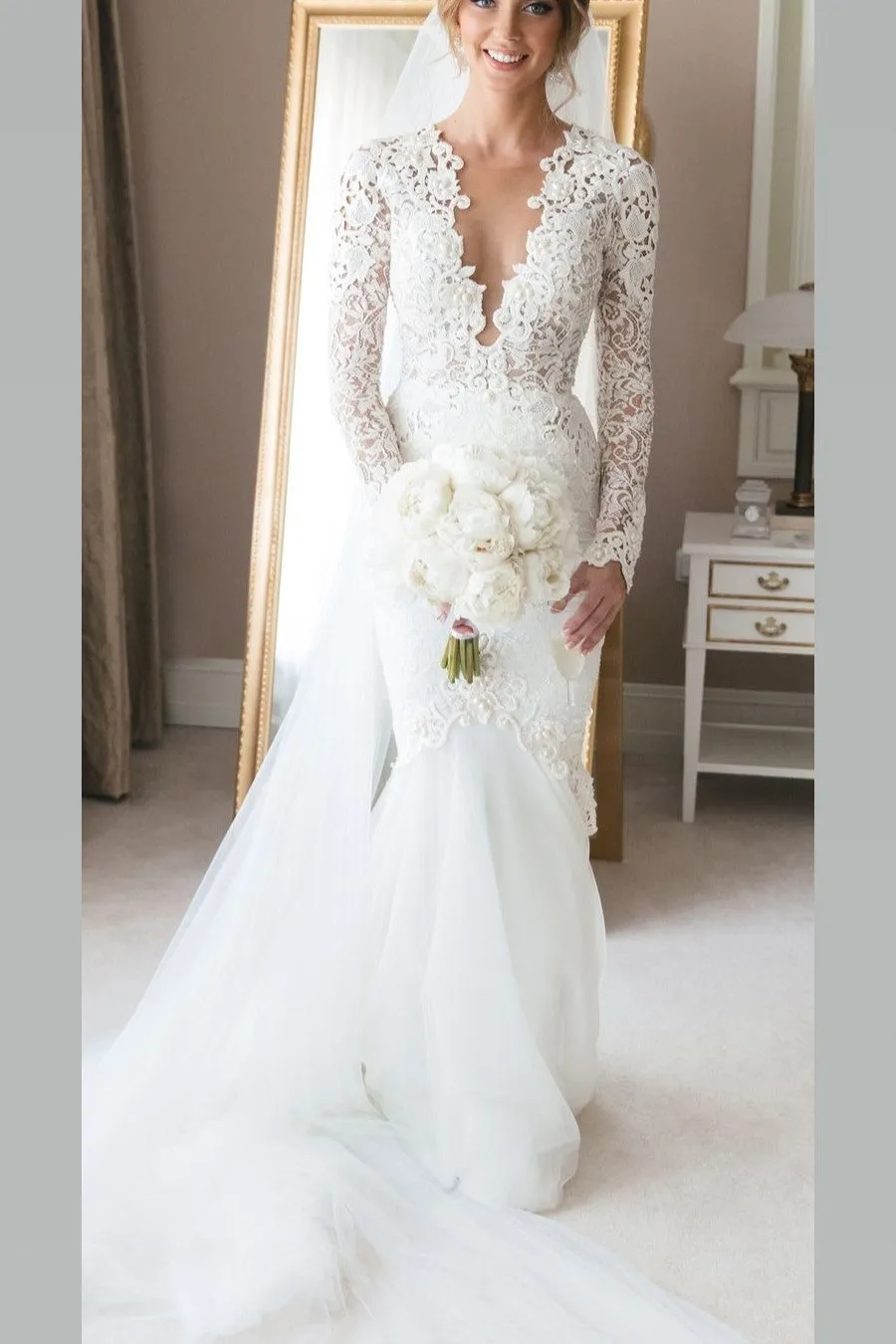 Lace Tulle Mermaid Wedding Dresses with Long Sleeves