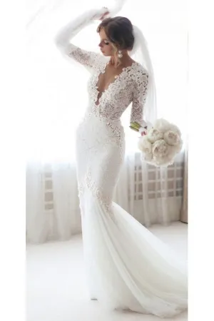 Lace Tulle Mermaid Wedding Dresses with Long Sleeves