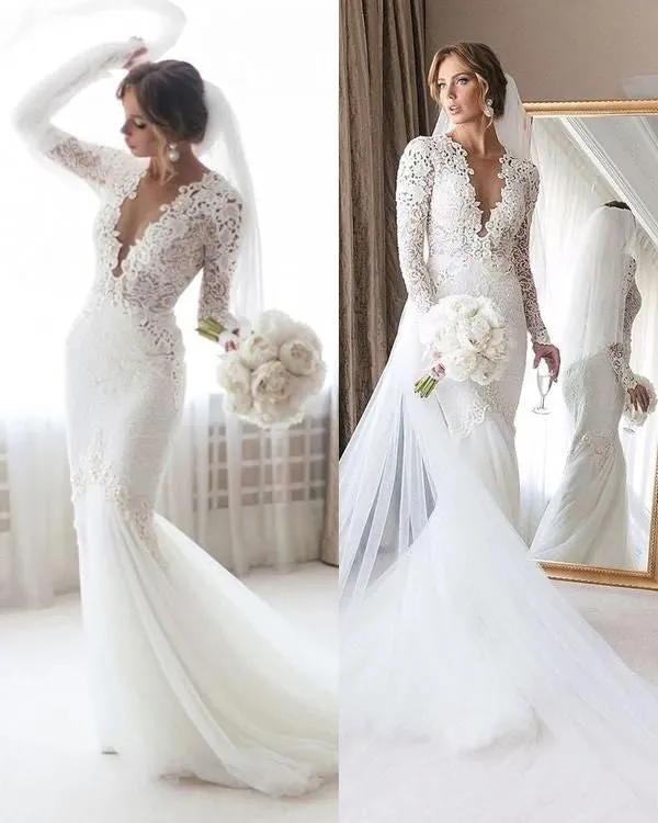Lace Tulle Mermaid Wedding Dresses with Long Sleeves