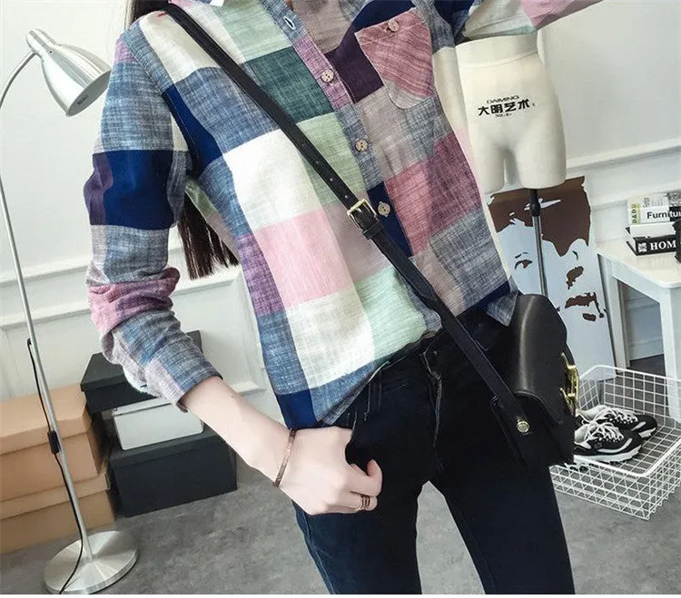 Ladies Female Casual Cotton Long Sleeve Plaid Shirt Women Slim Outerwear Blouse Tops