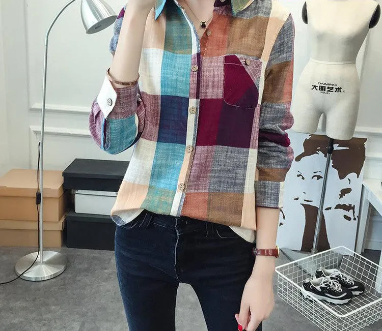 Ladies Female Casual Cotton Long Sleeve Plaid Shirt Women Slim Outerwear Blouse Tops