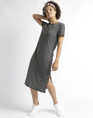 Ladies Stripe Side Slit T-Shirt Dress - Black/White