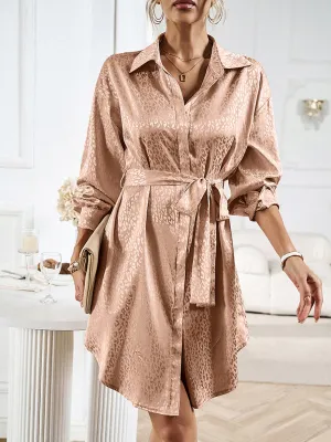 Leopard Print Long Sleeve Dress with Shirt Collar and Self-Tie Waist