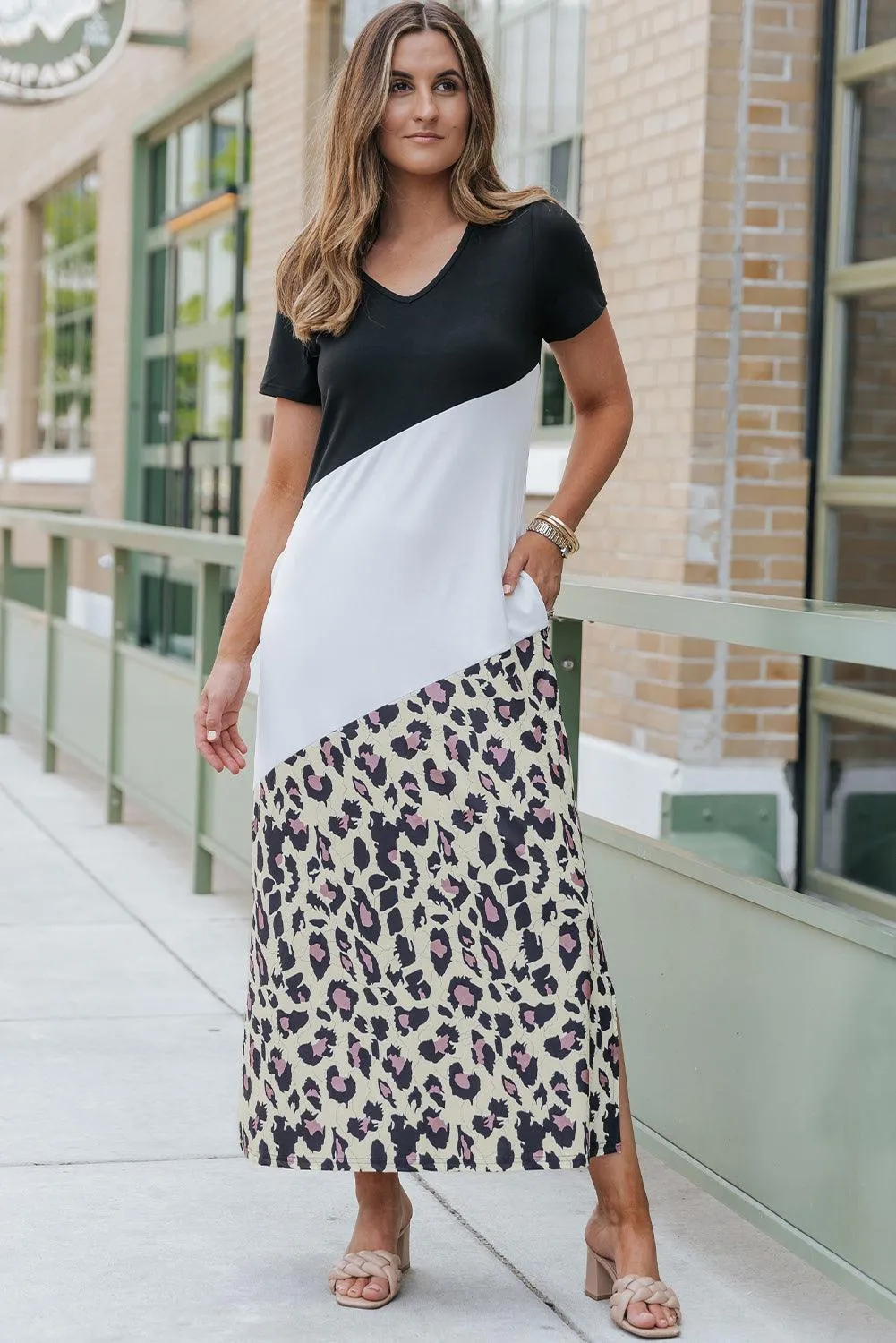 Leopard Print Side Slit Maxi T-Shirt Dress