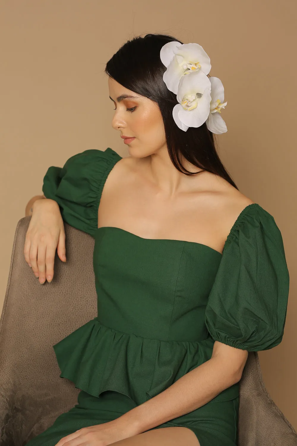 LETICIA Peplum Midi Dress with Semi Puffed Sleeves and Slit (Hunter Green Crepe)