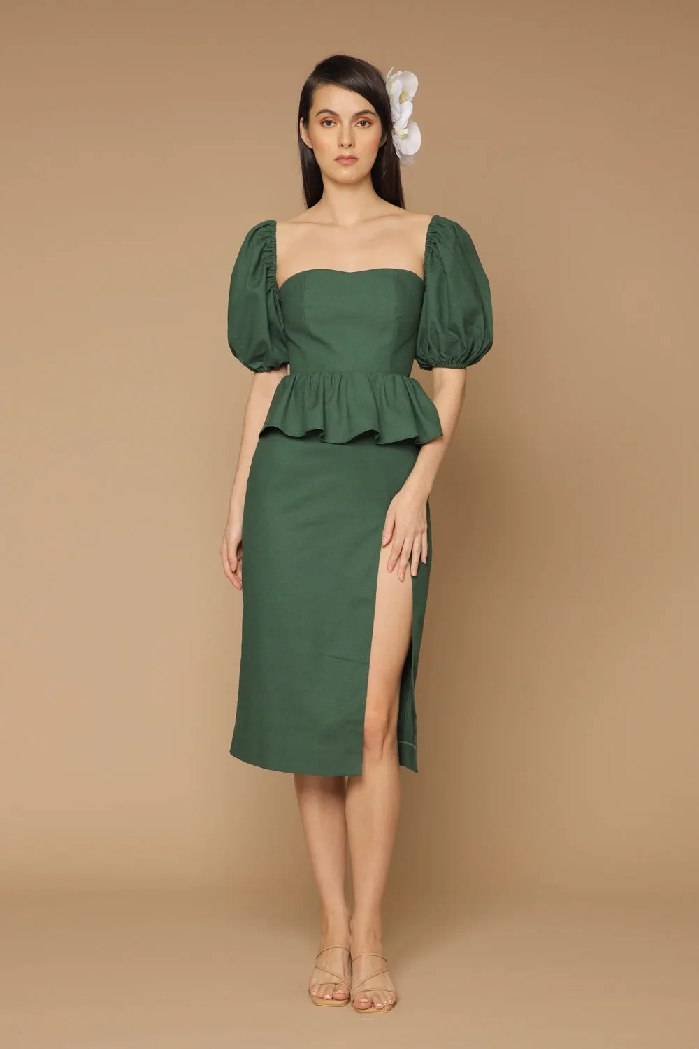 LETICIA Peplum Midi Dress with Semi Puffed Sleeves and Slit (Hunter Green Crepe)