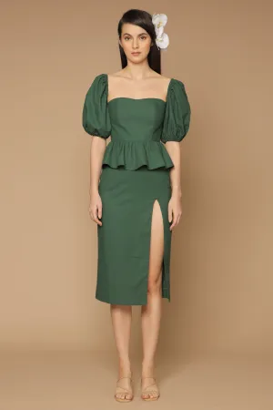 LETICIA Peplum Midi Dress with Semi Puffed Sleeves and Slit (Hunter Green Crepe)