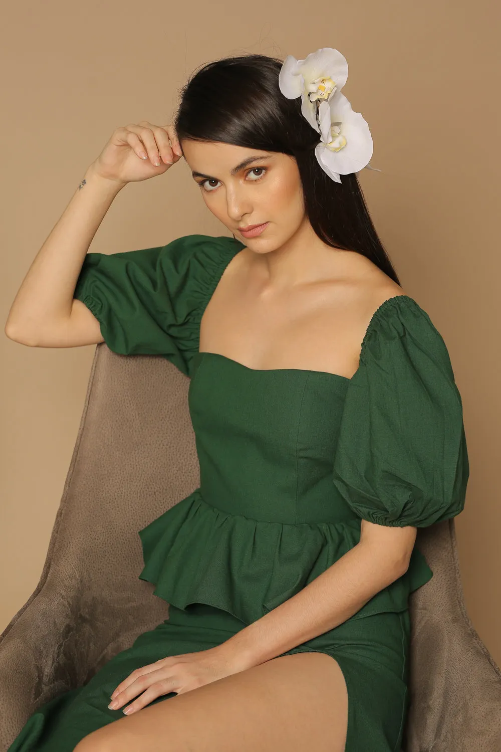 LETICIA Peplum Midi Dress with Semi Puffed Sleeves and Slit (Hunter Green Crepe)