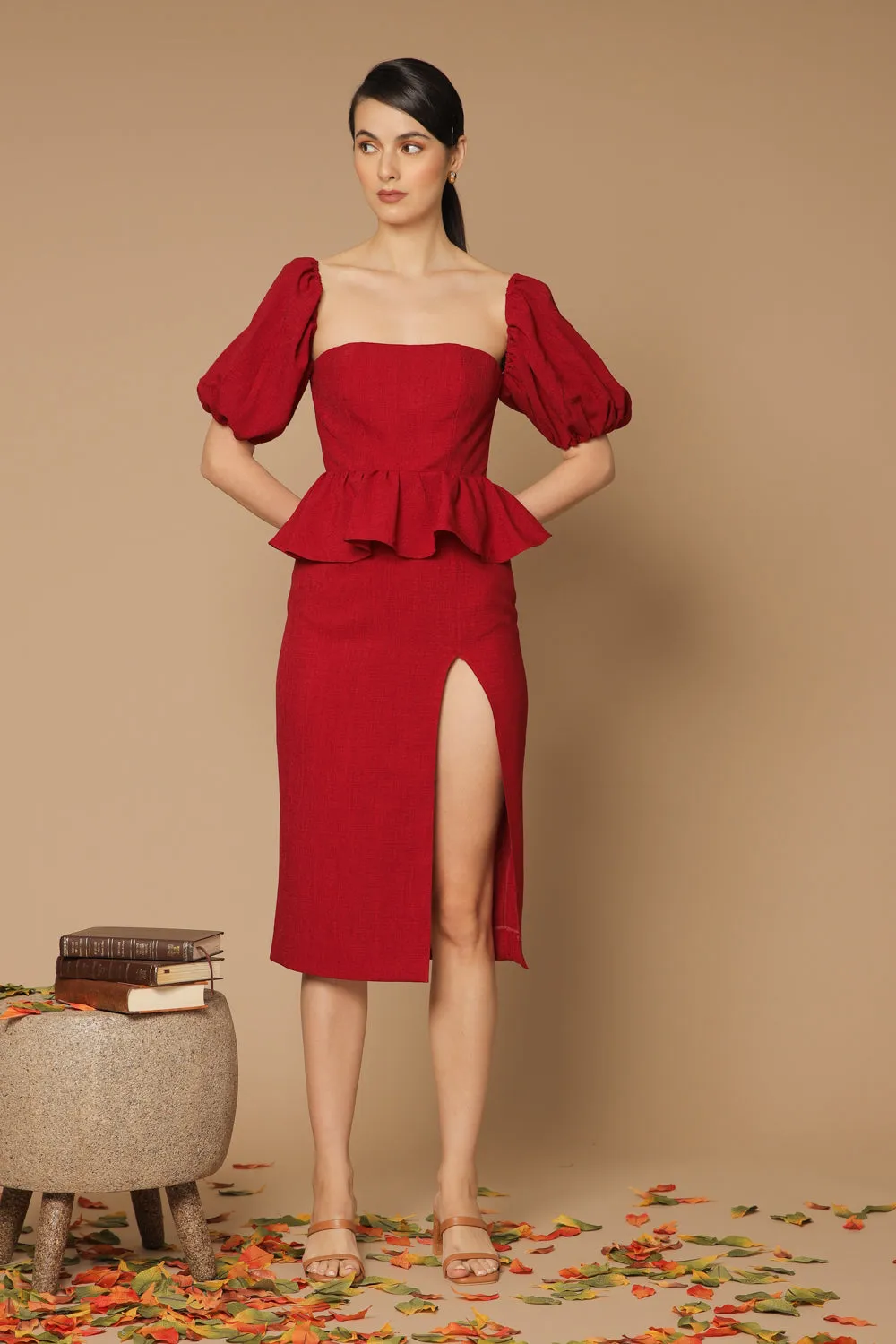LETICIA Peplum Midi Dress with Semi Puffed Sleeves and Slit (Maroon Crepe)