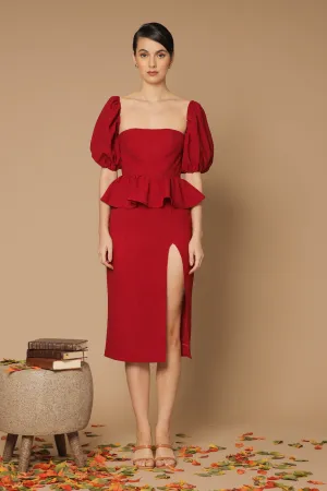 LETICIA Peplum Midi Dress with Semi Puffed Sleeves and Slit (Maroon Crepe)
