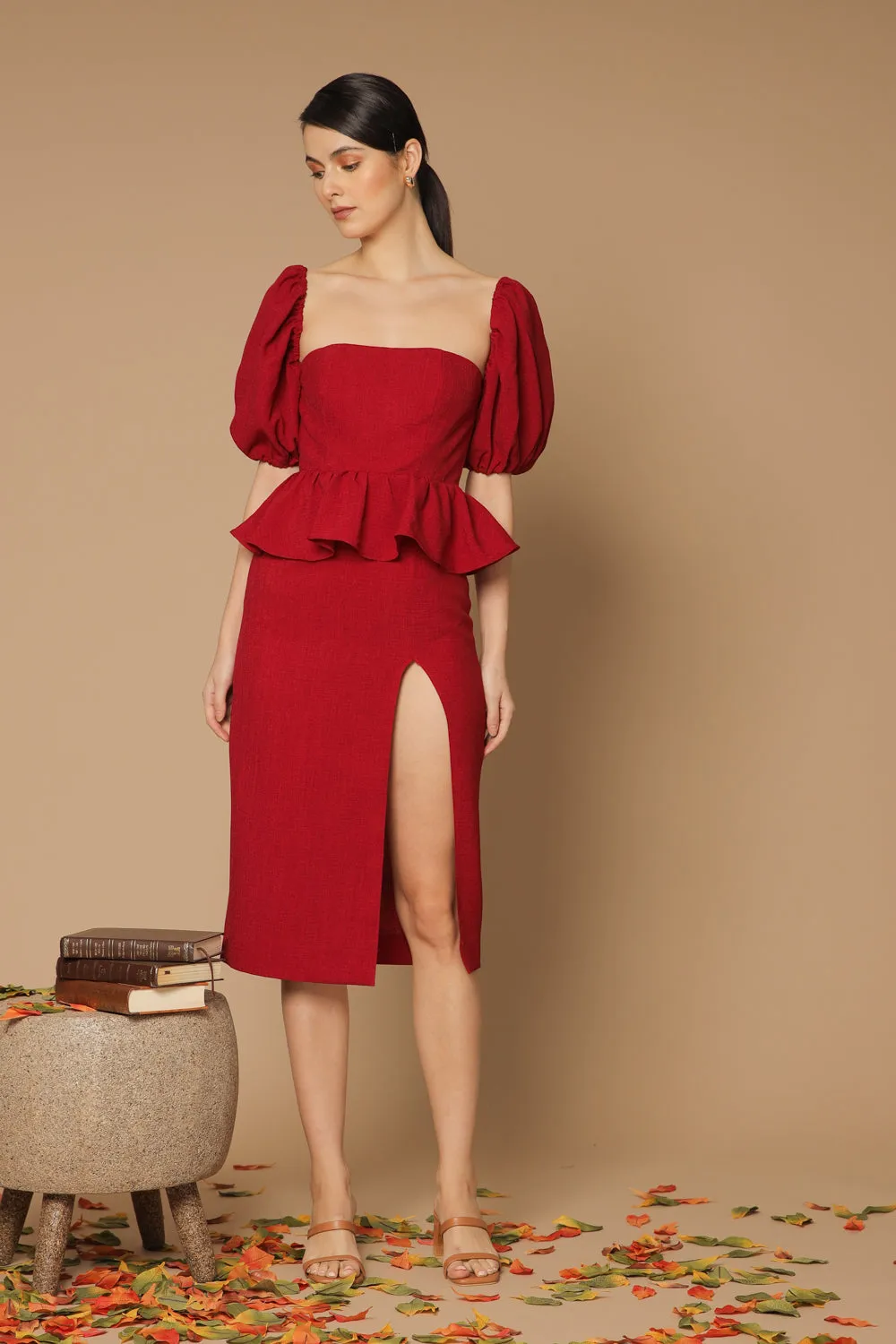 LETICIA Peplum Midi Dress with Semi Puffed Sleeves and Slit (Maroon Crepe)