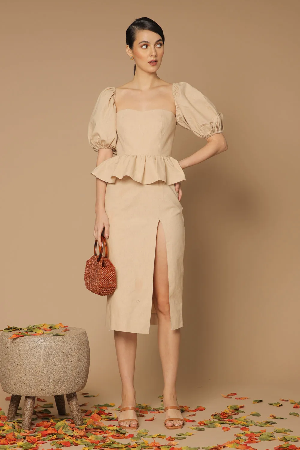 LETICIA Peplum Midi Dress with Semi Puffed Sleeves and Slit (Nude Linen)