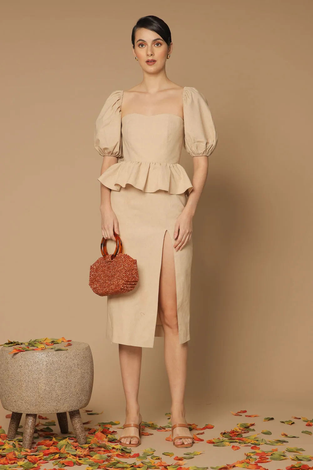 LETICIA Peplum Midi Dress with Semi Puffed Sleeves and Slit (Nude Linen)