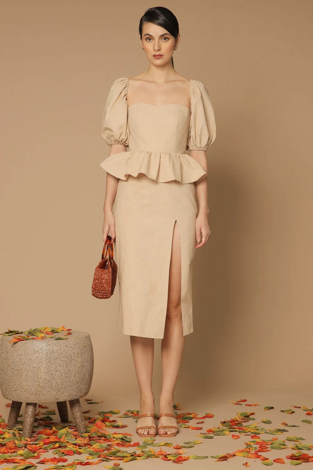 LETICIA Peplum Midi Dress with Semi Puffed Sleeves and Slit (Nude Linen)
