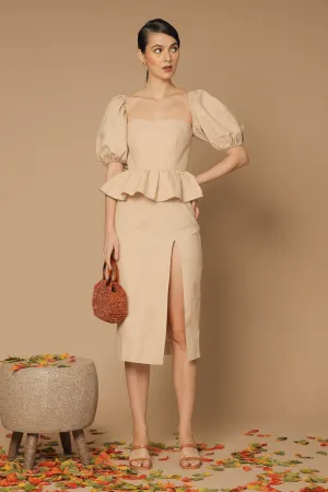 LETICIA Peplum Midi Dress with Semi Puffed Sleeves and Slit (Nude Linen)