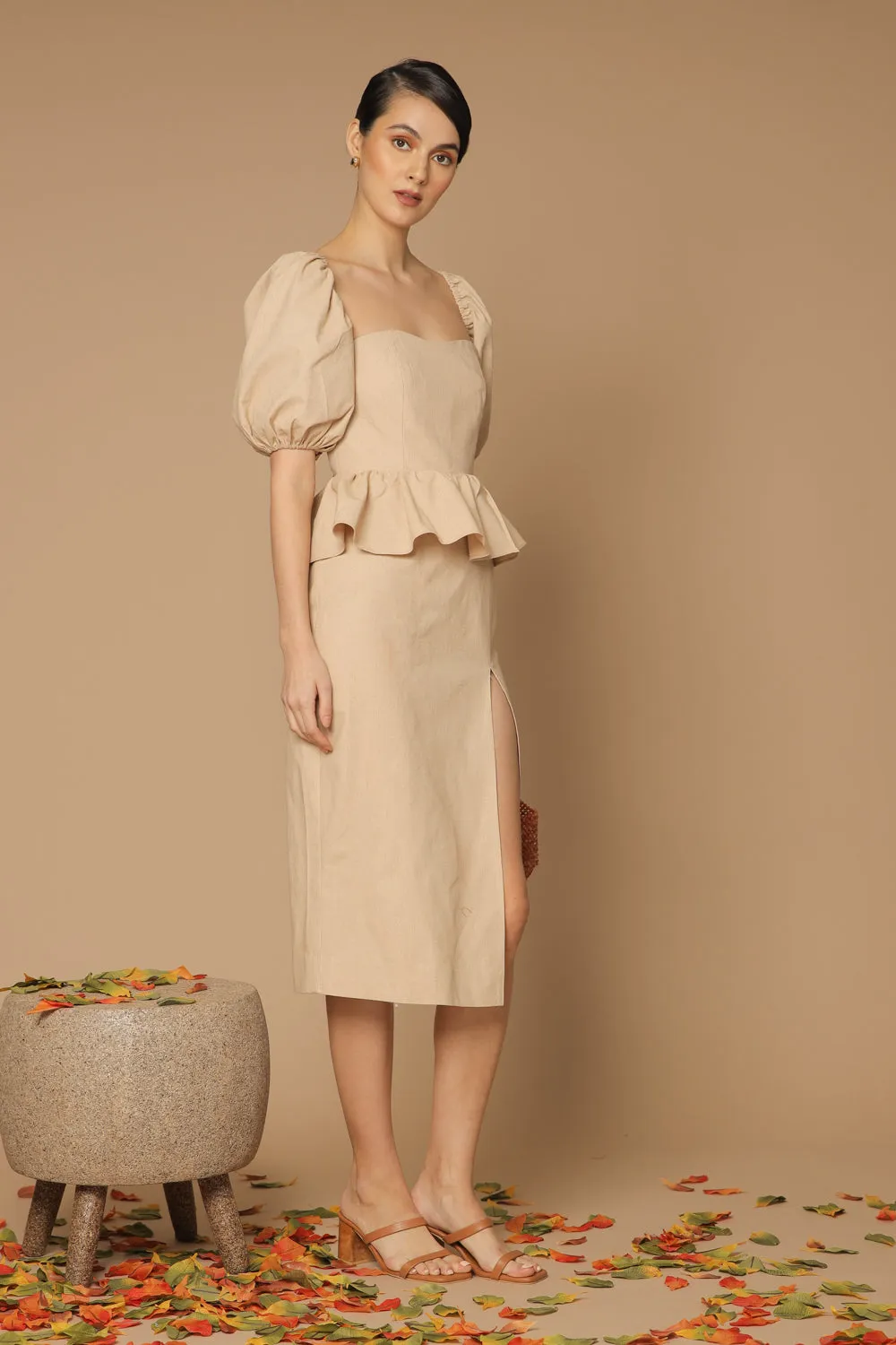 LETICIA Peplum Midi Dress with Semi Puffed Sleeves and Slit (Nude Linen)