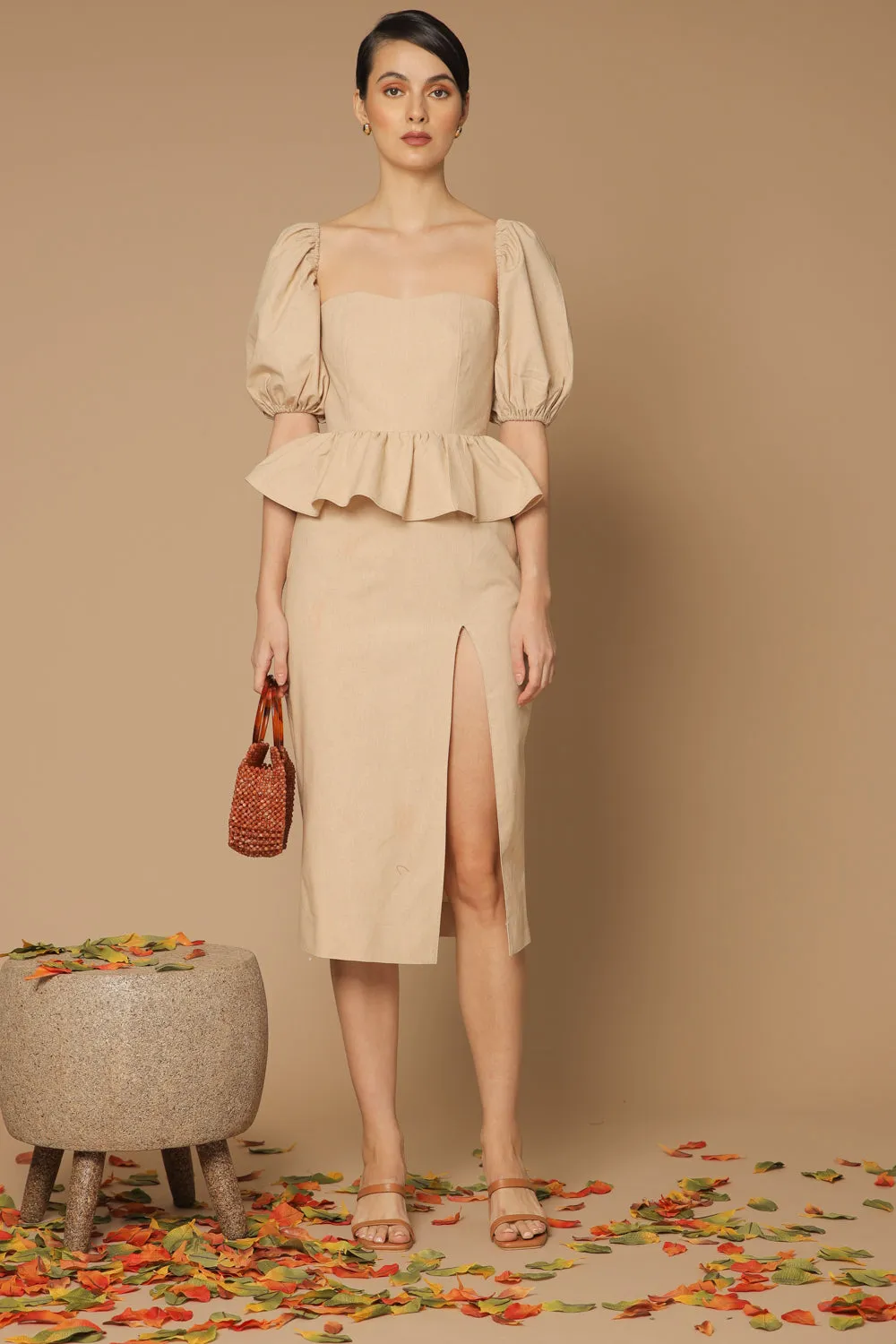 LETICIA Peplum Midi Dress with Semi Puffed Sleeves and Slit (Nude Linen)