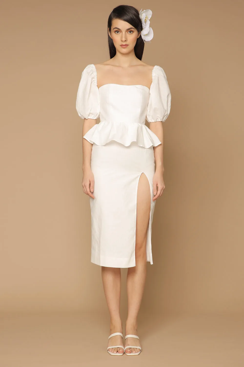 LETICIA Peplum Midi Dress with Semi Puffed Sleeves and Slit (White Linen)