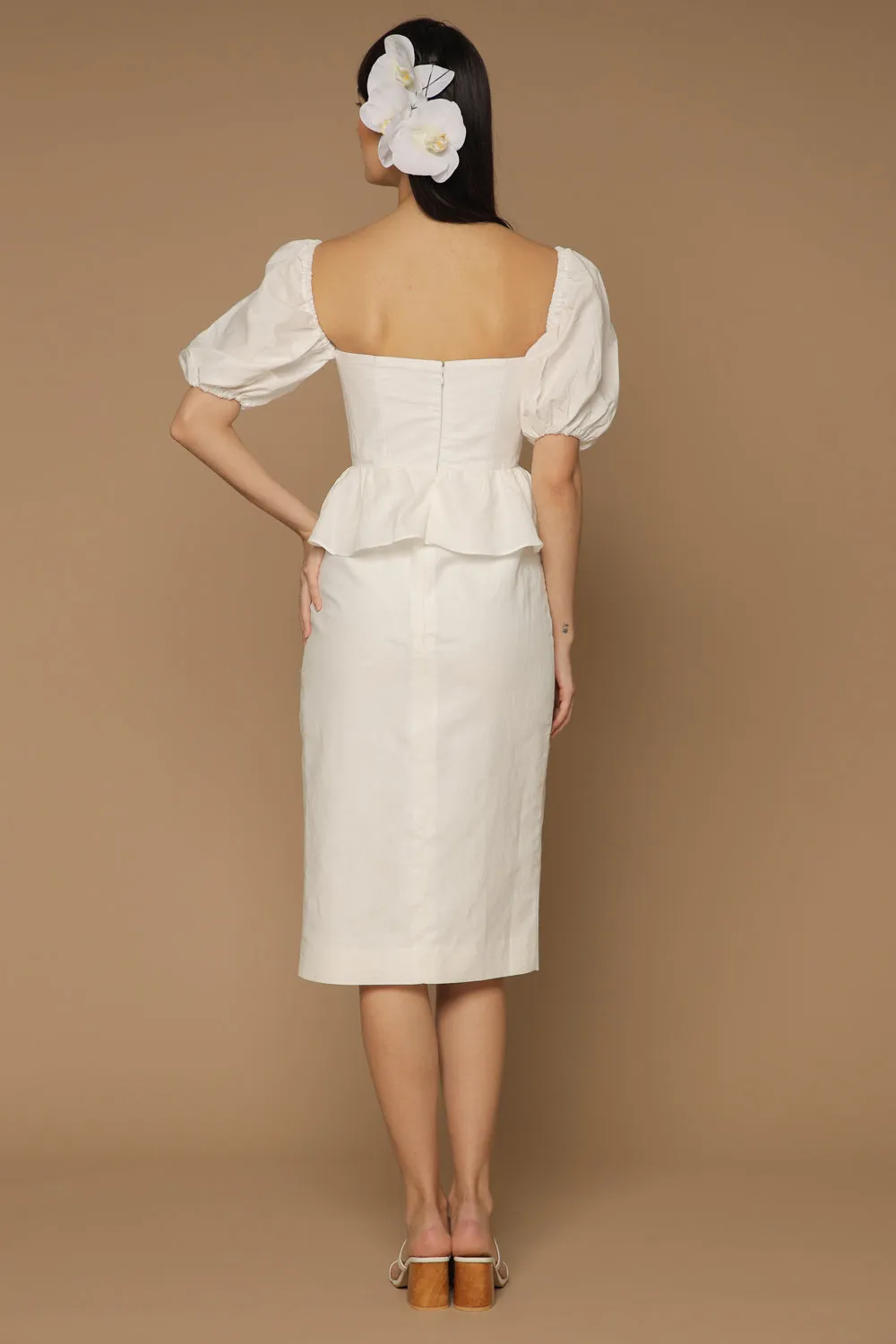 LETICIA Peplum Midi Dress with Semi Puffed Sleeves and Slit (White Linen)