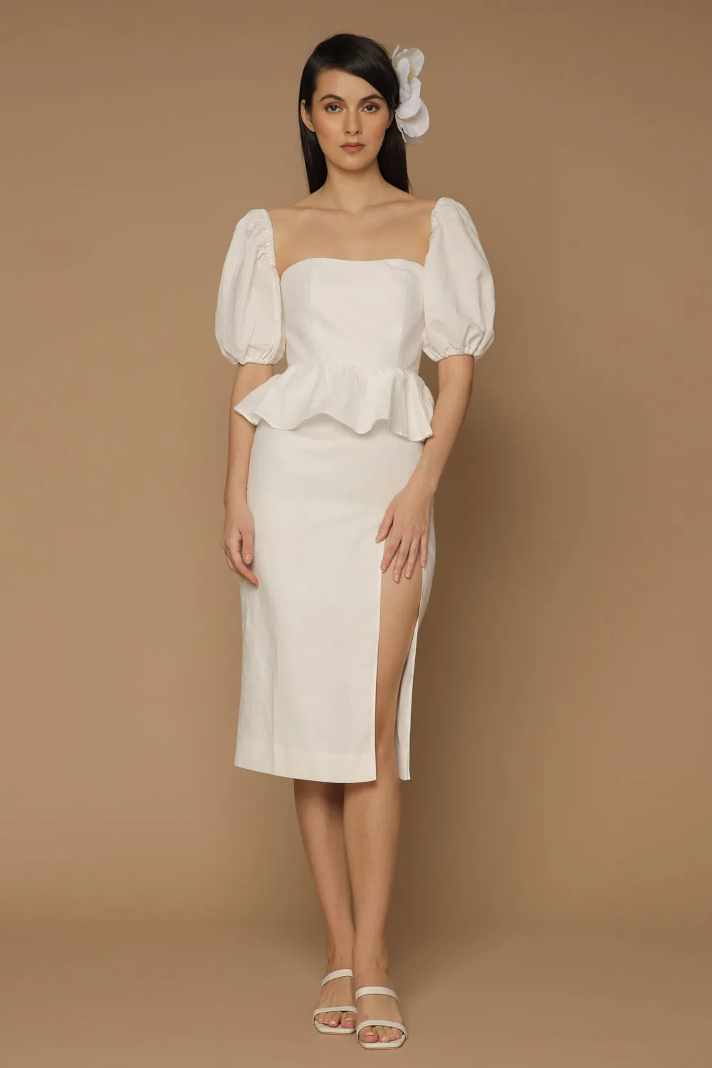 LETICIA Peplum Midi Dress with Semi Puffed Sleeves and Slit (White Linen)