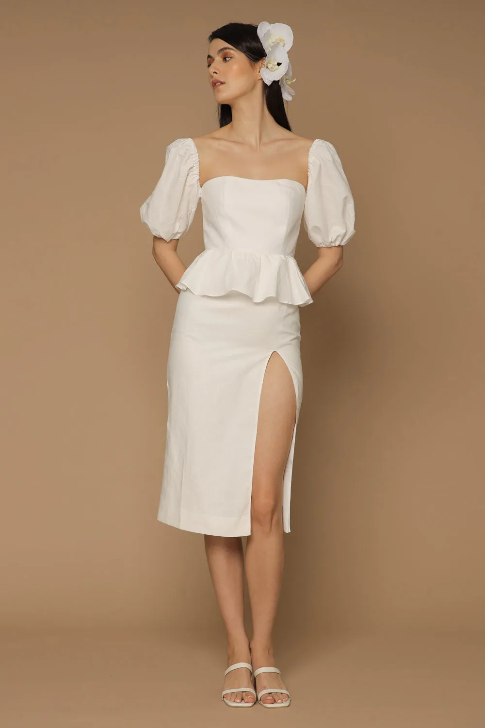 LETICIA Peplum Midi Dress with Semi Puffed Sleeves and Slit (White Linen)