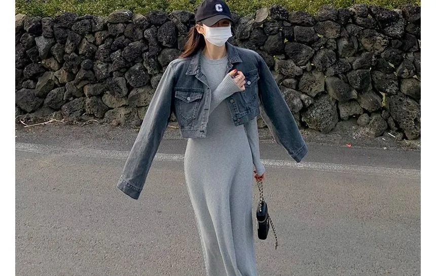 Long-Sleeve Crew Neck Plain Maxi T-Shirt Dress