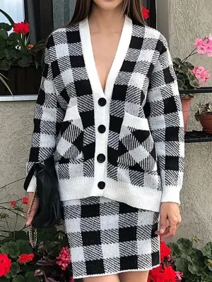 Long Sleeves Loose Buttoned Plaid Pockets Split-Joint V-Neck Cardigan Tops   Skirts Bottom Two Pieces Set