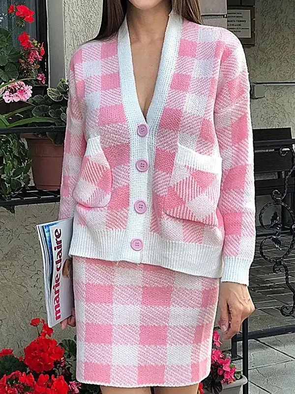 Long Sleeves Loose Buttoned Plaid Pockets Split-Joint V-Neck Cardigan Tops   Skirts Bottom Two Pieces Set