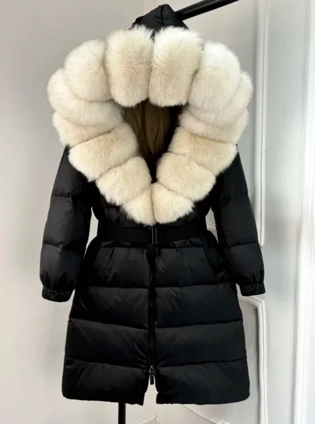 Long Winter Coat. Real Big Fox Fur Collar Belt Loose Puffer