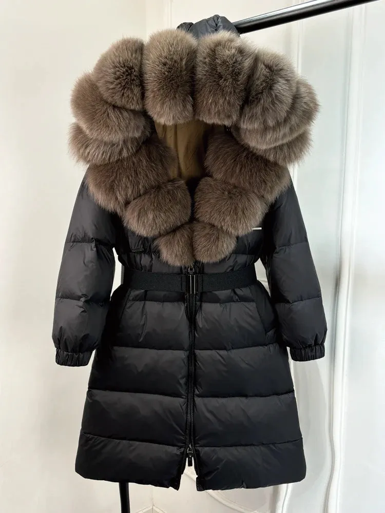 Long Winter Coat. Real Big Fox Fur Collar Belt Loose Puffer