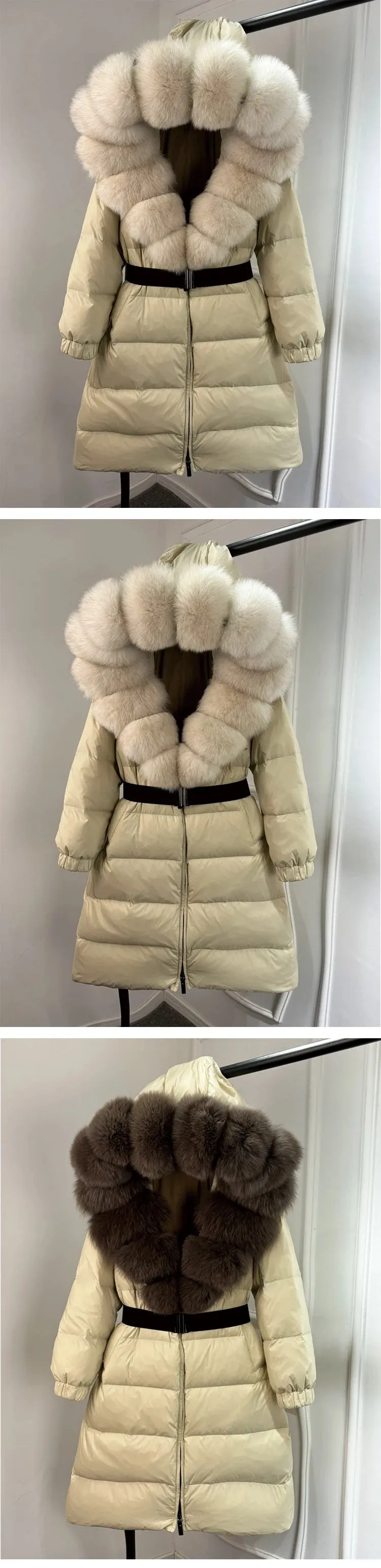 Long Winter Coat. Real Big Fox Fur Collar Belt Loose Puffer