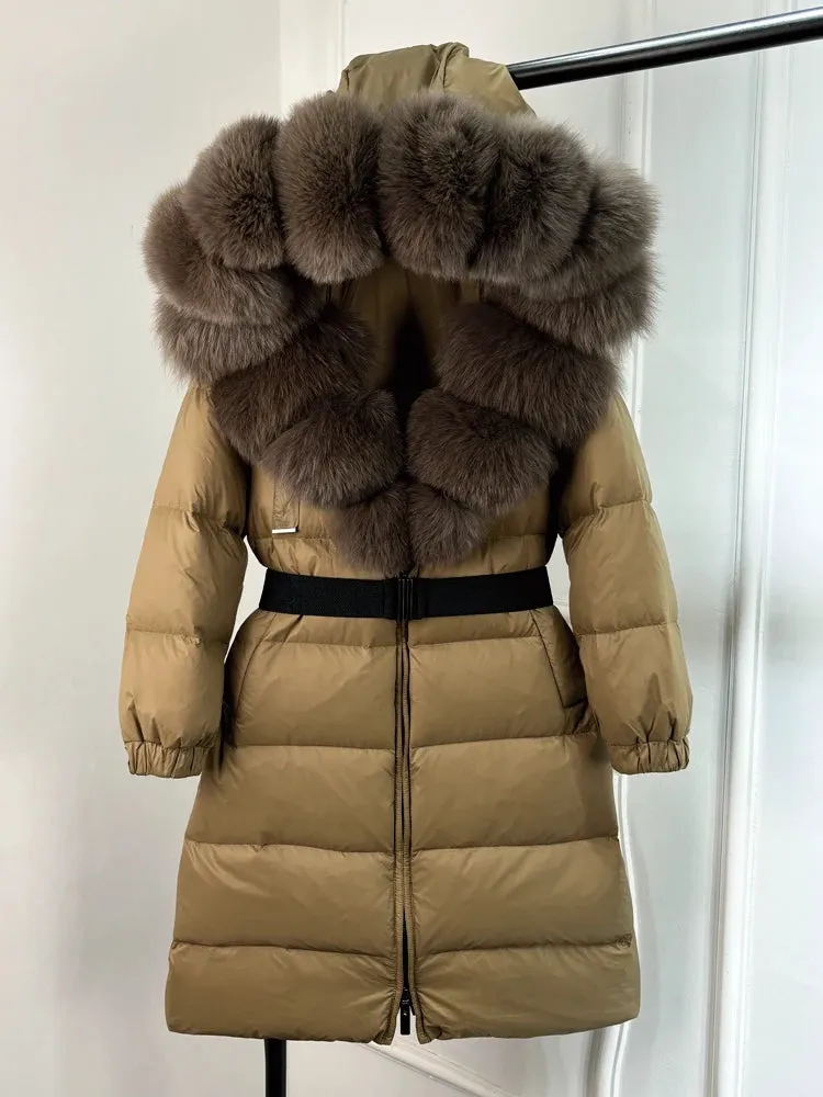 Long Winter Coat. Real Big Fox Fur Collar Belt Loose Puffer