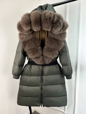 Long Winter Coat. Real Big Fox Fur Collar Belt Loose Puffer