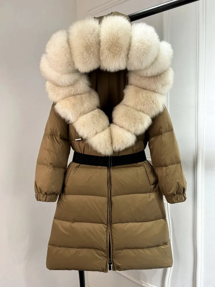Long Winter Coat. Real Big Fox Fur Collar Belt Loose Puffer