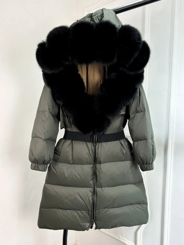 Long Winter Coat. Real Big Fox Fur Collar Belt Loose Puffer