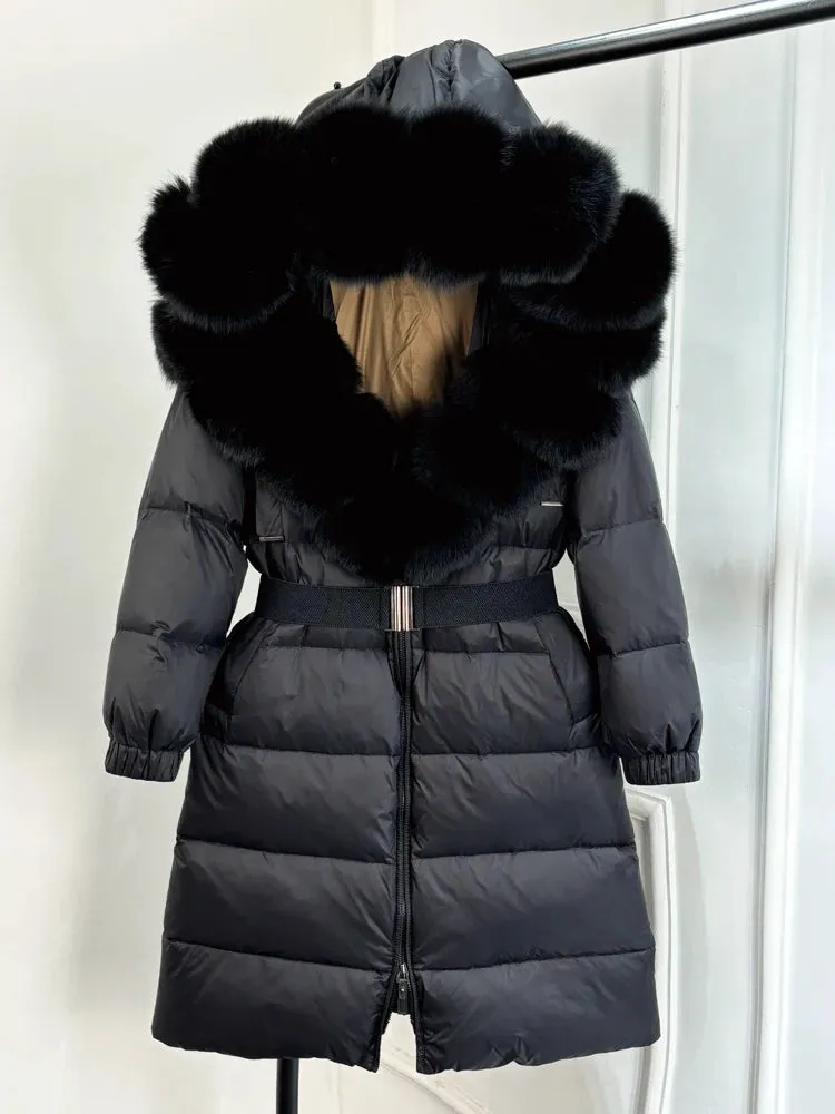 Long Winter Coat. Real Big Fox Fur Collar Belt Loose Puffer