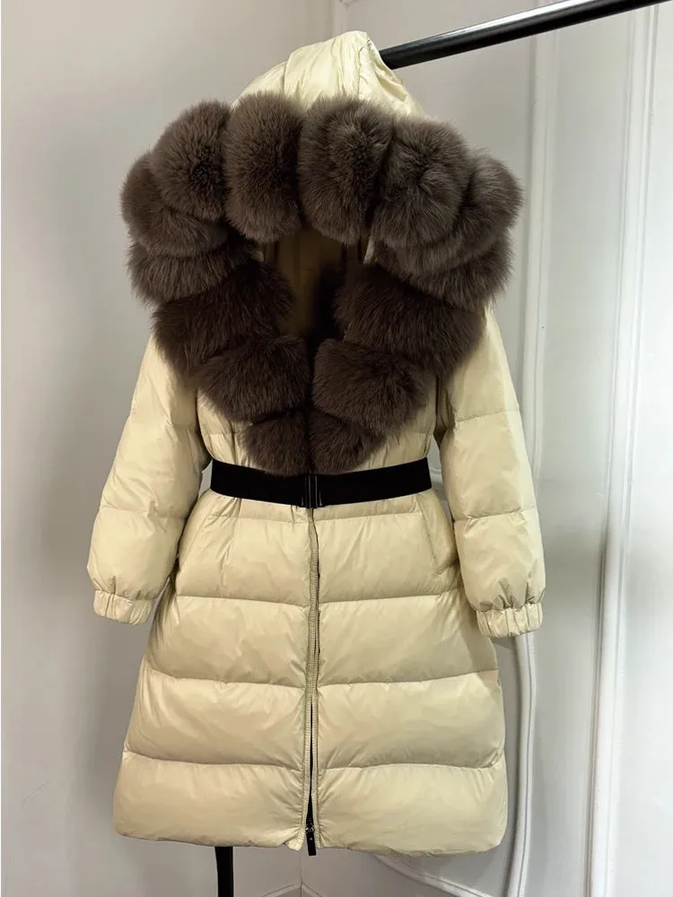 Long Winter Coat. Real Big Fox Fur Collar Belt Loose Puffer