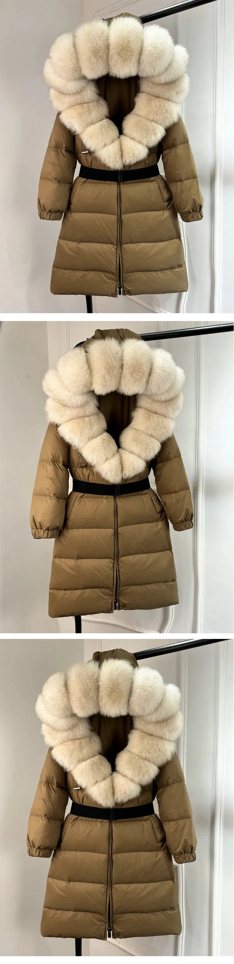 Long Winter Coat. Real Big Fox Fur Collar Belt Loose Puffer
