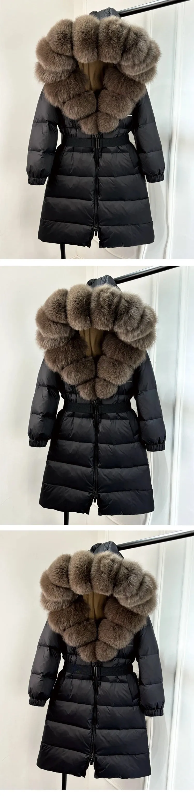 Long Winter Coat. Real Big Fox Fur Collar Belt Loose Puffer