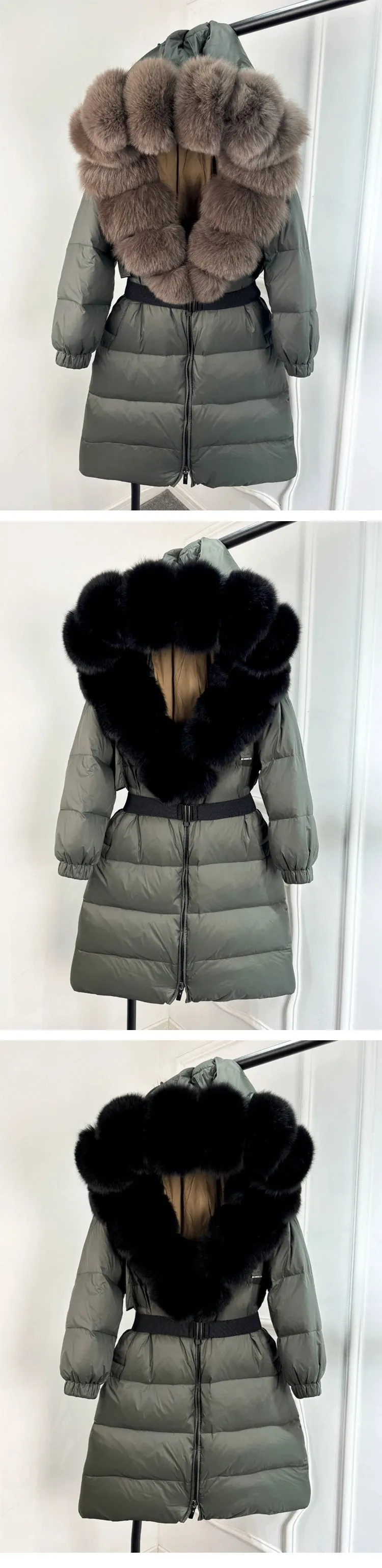 Long Winter Coat. Real Big Fox Fur Collar Belt Loose Puffer
