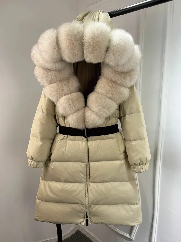 Long Winter Coat. Real Big Fox Fur Collar Belt Loose Puffer