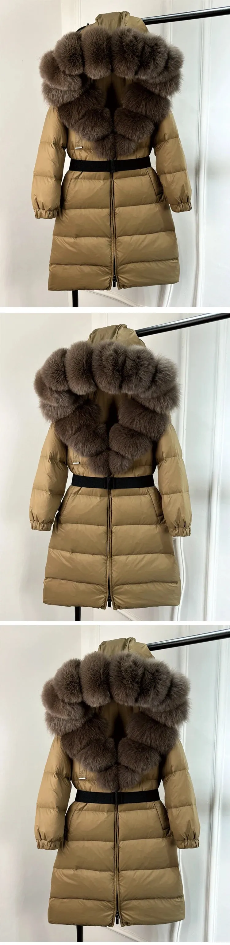 Long Winter Coat. Real Big Fox Fur Collar Belt Loose Puffer