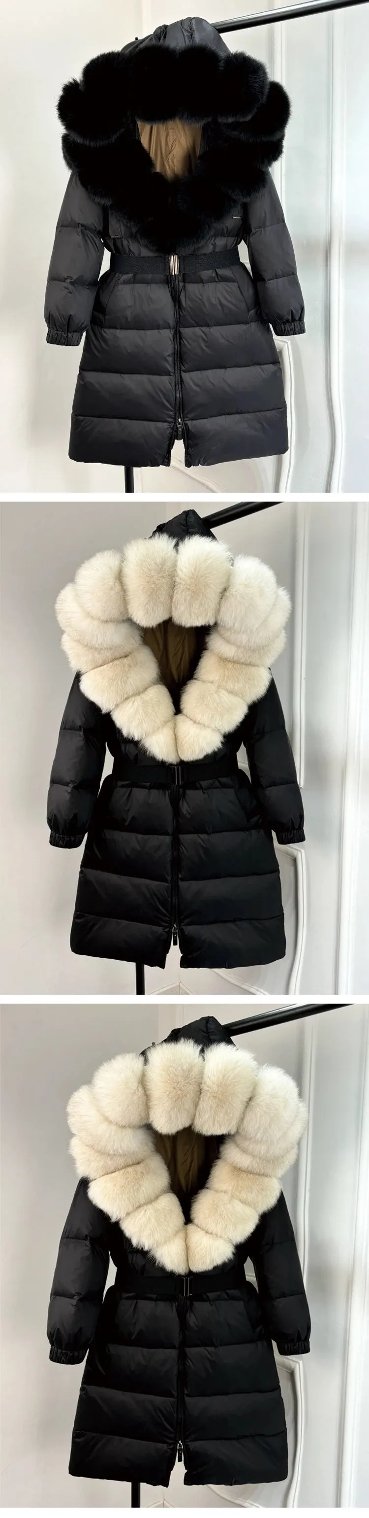 Long Winter Coat. Real Big Fox Fur Collar Belt Loose Puffer